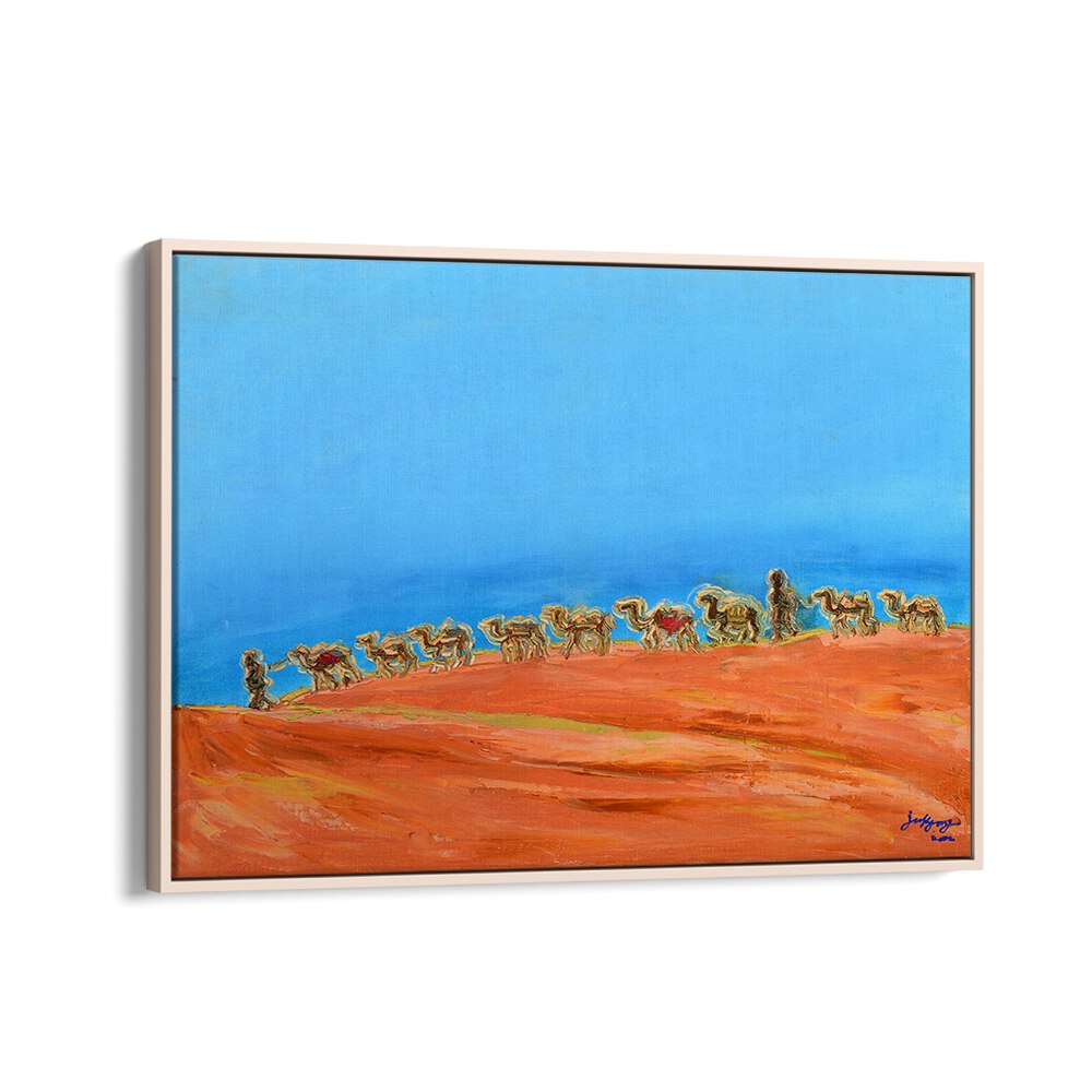 Colorful CAMELS moving across a vibrant landscape, perfect for enhancing your space with LANDSCAPE PAINTINGS.