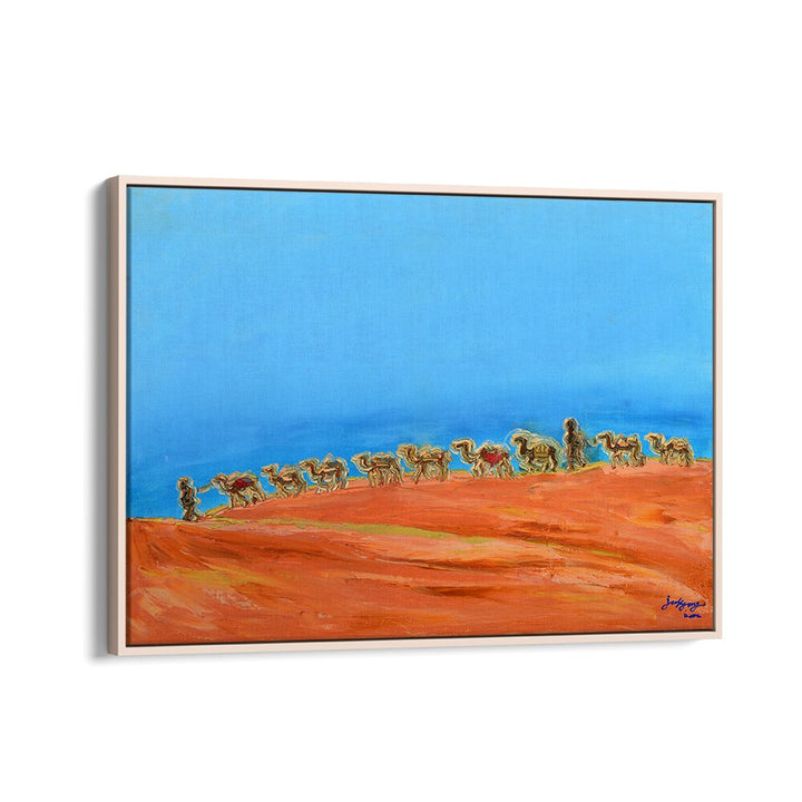Colorful CAMELS moving across a vibrant landscape, perfect for enhancing your space with LANDSCAPE PAINTINGS.