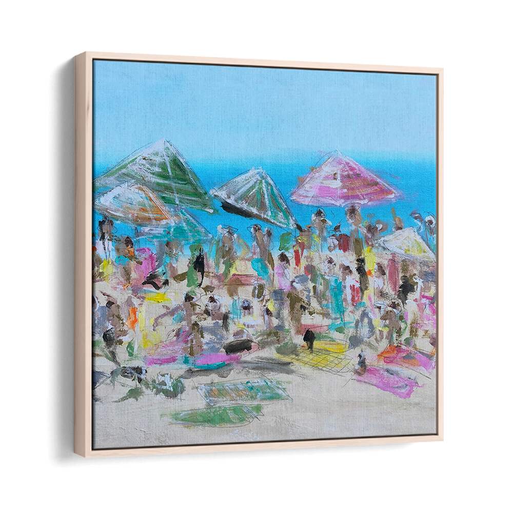Colorful scene of sunbathers under umbrellas from the VIBRANT BEACH BLISS, BEACH PAINTINGS collection. Perfect for coastal homes.
