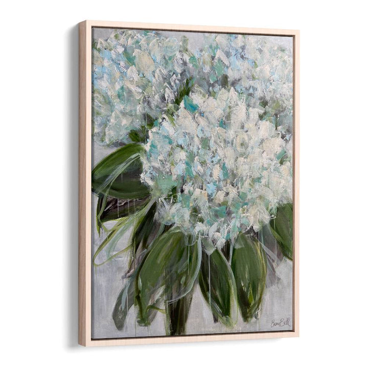 Delicate white and blue hydrangeas, floral flower paintings enhance your space with serene garden beauty.