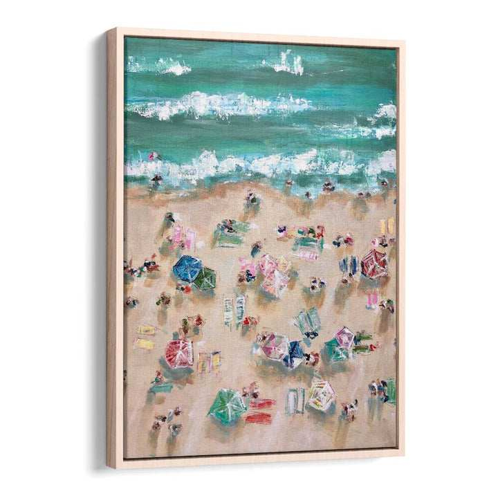 Vibrant SUNBATHERS, BEACH PAINTINGS capture colorful umbrellas and sunbathers on a sunny shore, perfect for coastal decor.