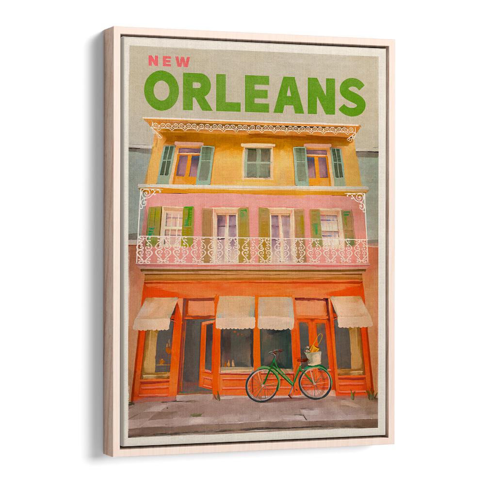 Vibrant NEW ORLEANS LOUISIANA TRAVEL POSTERS capturing the charm of the city with colorful architecture and bike.