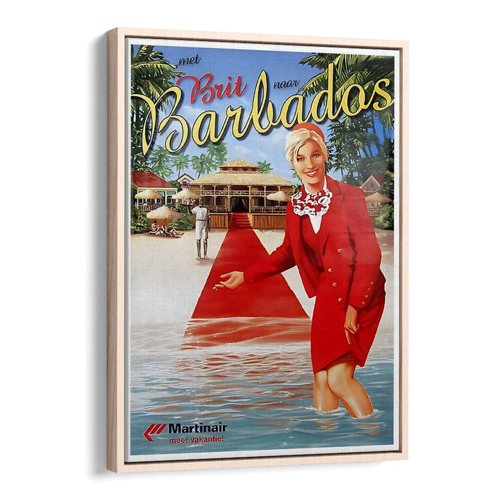 Barbados Vintage Travel Posters feature a charming woman by the beach, perfect for brightening any space.