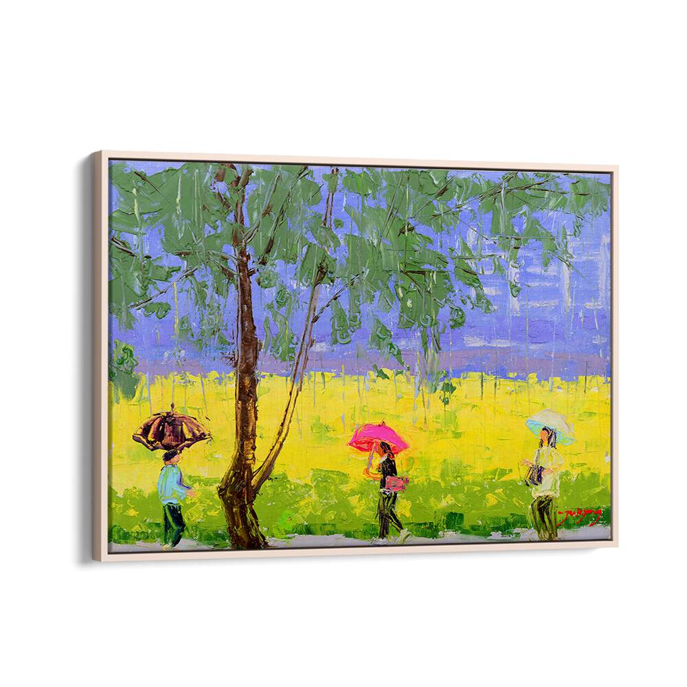 RAPE FLOWER RAINY DAY, INDIAN ART PAINTINGS capturing a vibrant scene of colorful umbrellas and lush landscapes.
