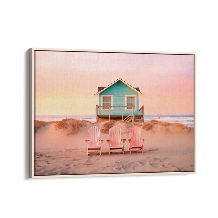 Serene pastel beach scene featuring a charming house and pink chairs, perfect for beach paintings lovers.