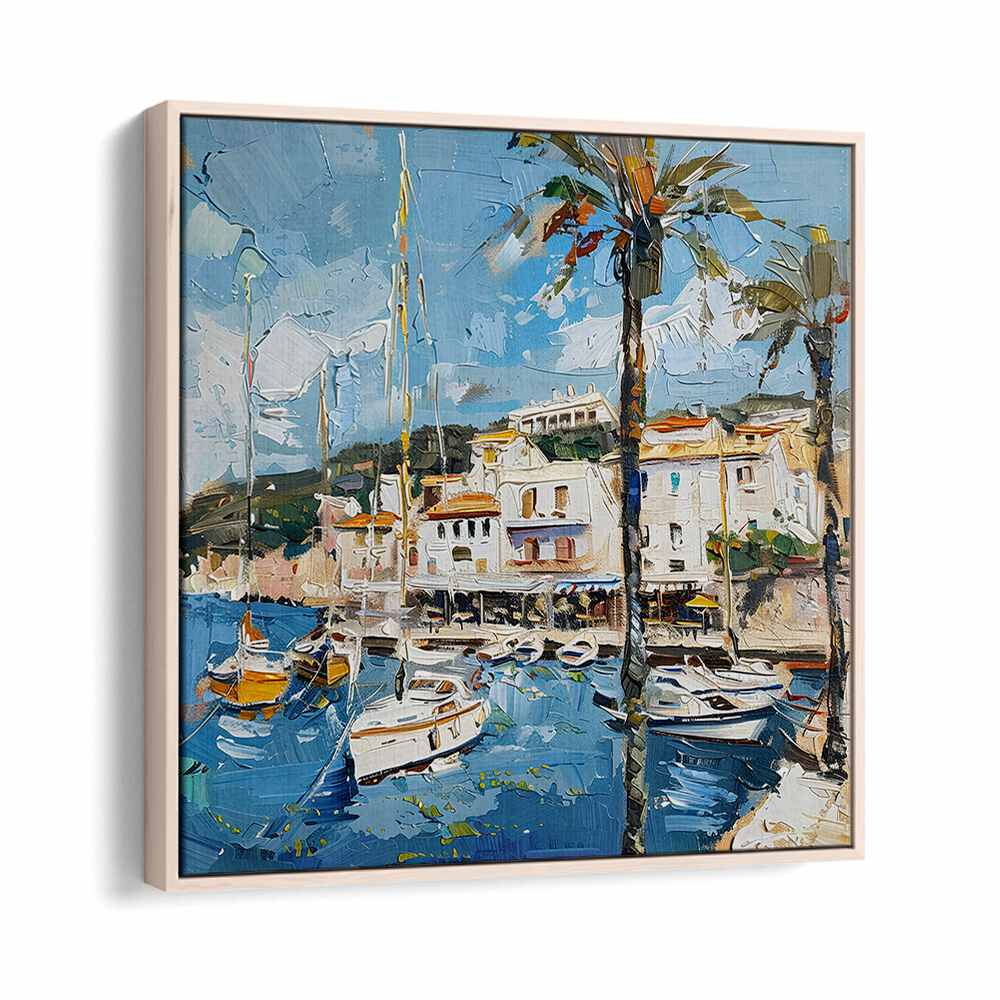 Vibrant coastal scene from SANT JUAN SPAIN, showcasing boats and picturesque architecture, perfect for travel lovers.