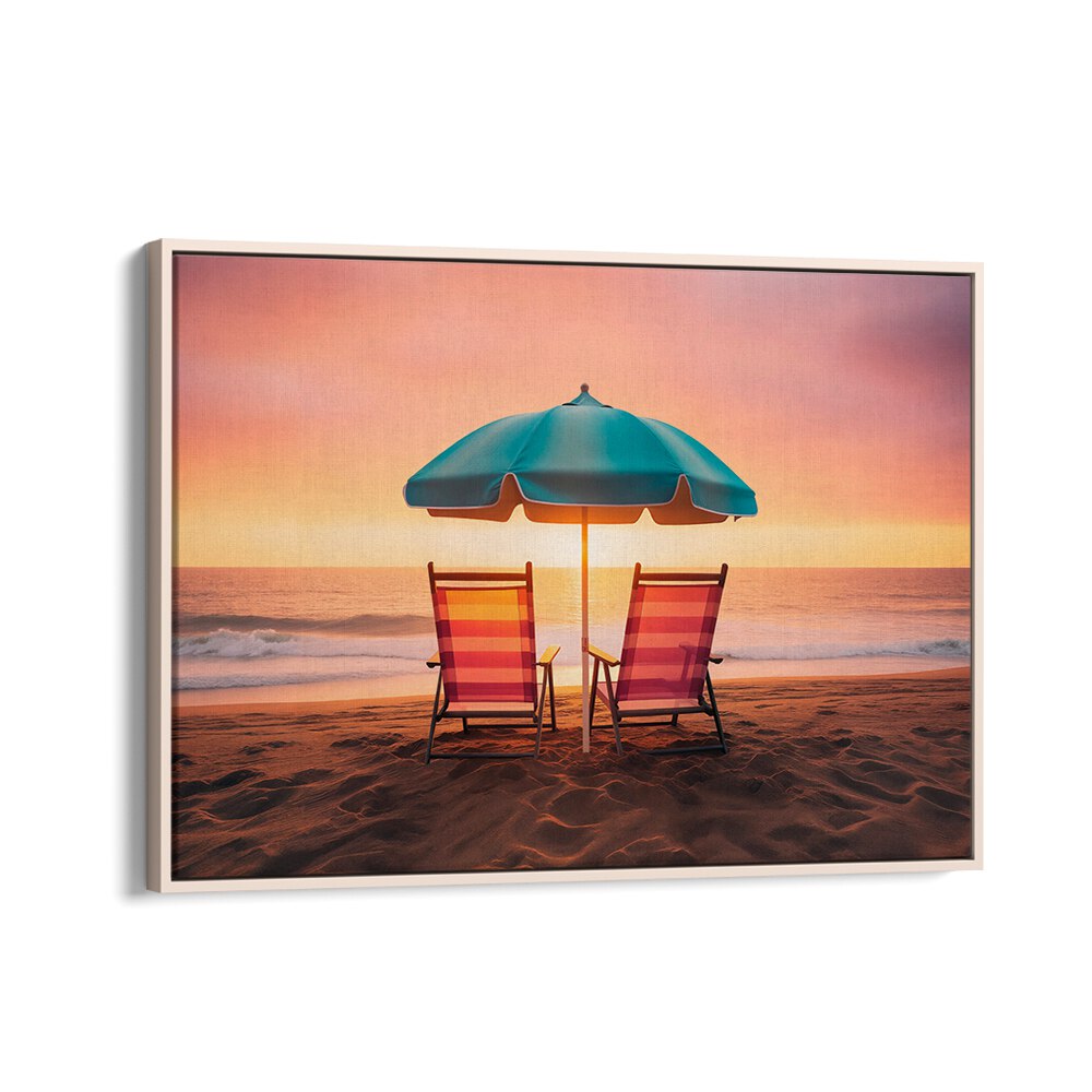Relaxing beach scene featuring chairs under an umbrella at sunset, perfect for SUMMER SUNSET, BEACH PAINTINGS.