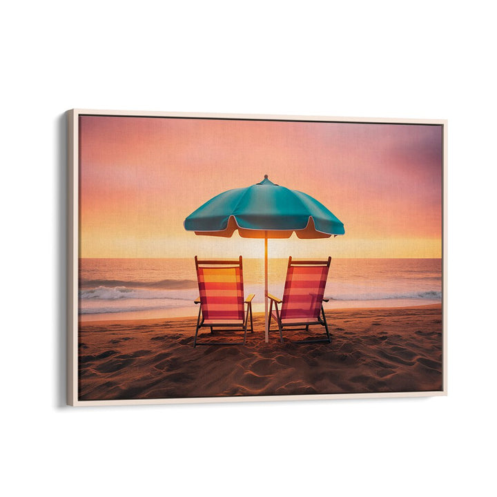 Relaxing beach scene featuring chairs under an umbrella at sunset, perfect for SUMMER SUNSET, BEACH PAINTINGS.
