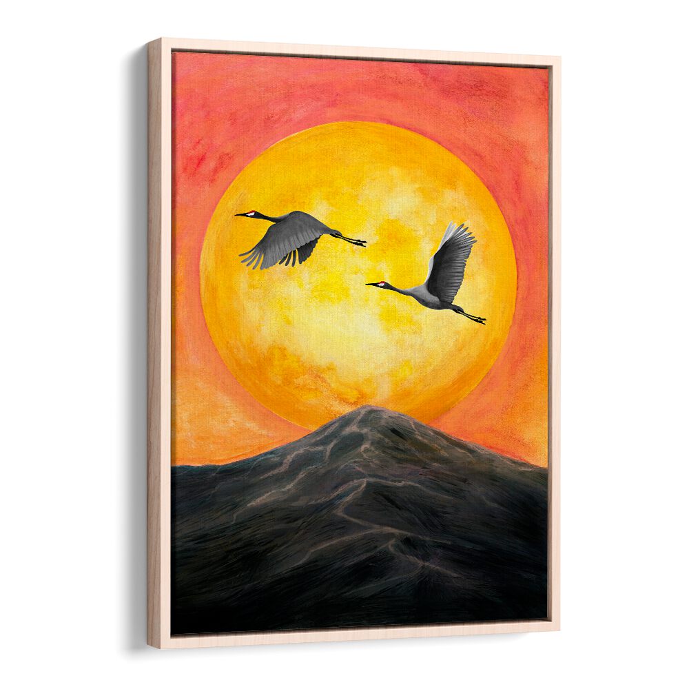 Stunning ON OUR WAY, LANDSCAPE PAINTINGS featuring cranes soaring over a vibrant sunset and mountain backdrop.