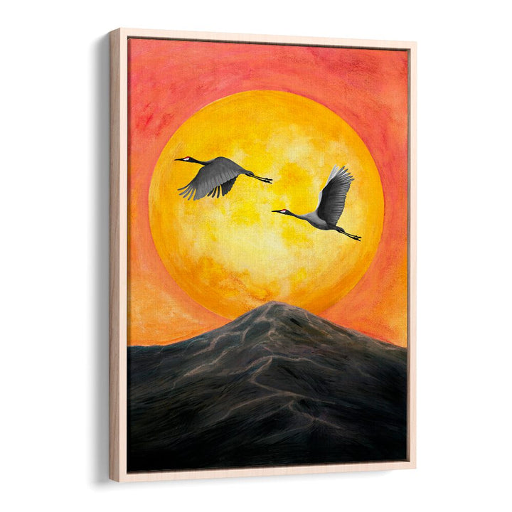 Stunning ON OUR WAY, LANDSCAPE PAINTINGS featuring cranes soaring over a vibrant sunset and mountain backdrop.