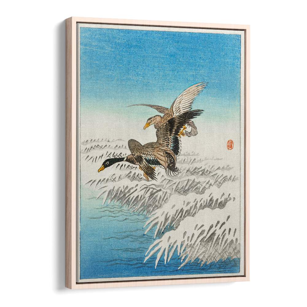 PAIR OF DUCKS FLYING OVER SNOWY REED COLLAR (1900 - 1945) , JAPANESE PAINTINGS , JAPANESE ART PRINTS