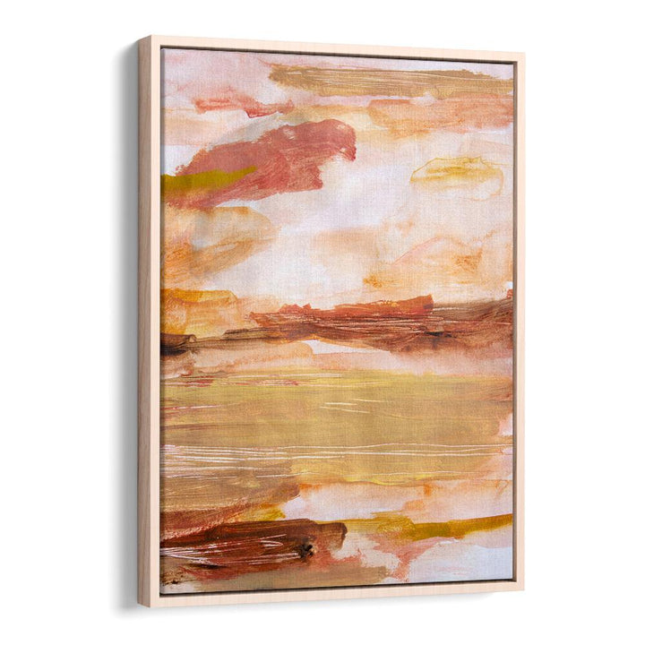 Colorful abstract painting titled "DESERT SKIES, ABSTRACT PAINTINGS," featuring warm hues and textured brush strokes.