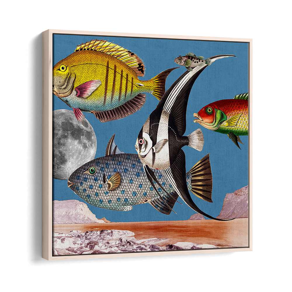 Vibrant FISH WORLD BLUE, BEACH PAINTINGS artwork featuring colorful fish against a striking blue background.