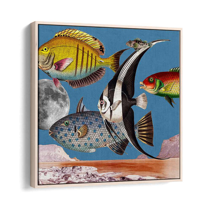 Vibrant FISH WORLD BLUE, BEACH PAINTINGS artwork featuring colorful fish against a striking blue background.