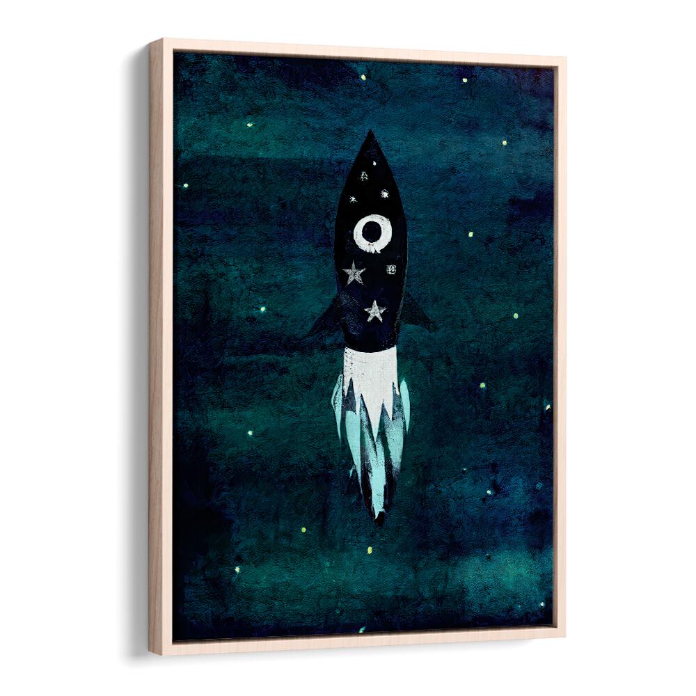 SKY ROCKET HIGH , KIDS ROOM PAINTINGS featuring a playful rocket soaring in a vibrant starry night by OakwoodFloater.