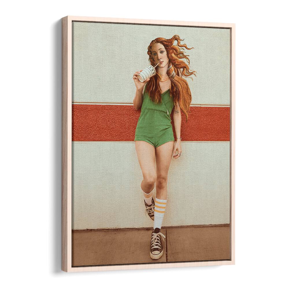 Stylish woman in green outfit enjoying a drink, showcasing VENUS CHILLOUT MOOD, ALTERED ART PRINTS for a serene vibe.