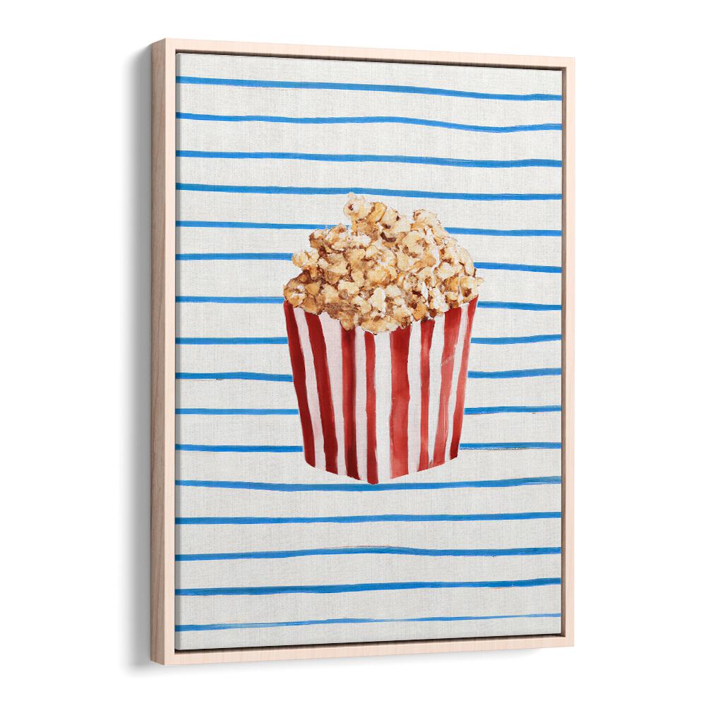 POPCORN TIME , BAR artwork featuring striped popcorn container on blue striped background with modern design.