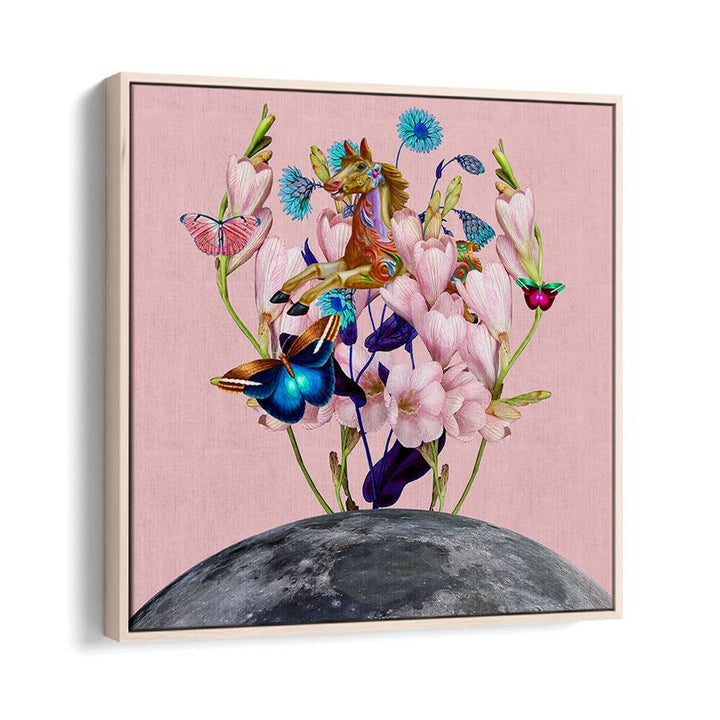 Whimsical FLYING HORSE OVER THE MOON, SURREAL ART PRINTS featuring vibrant flowers and butterflies for enchanting decor.