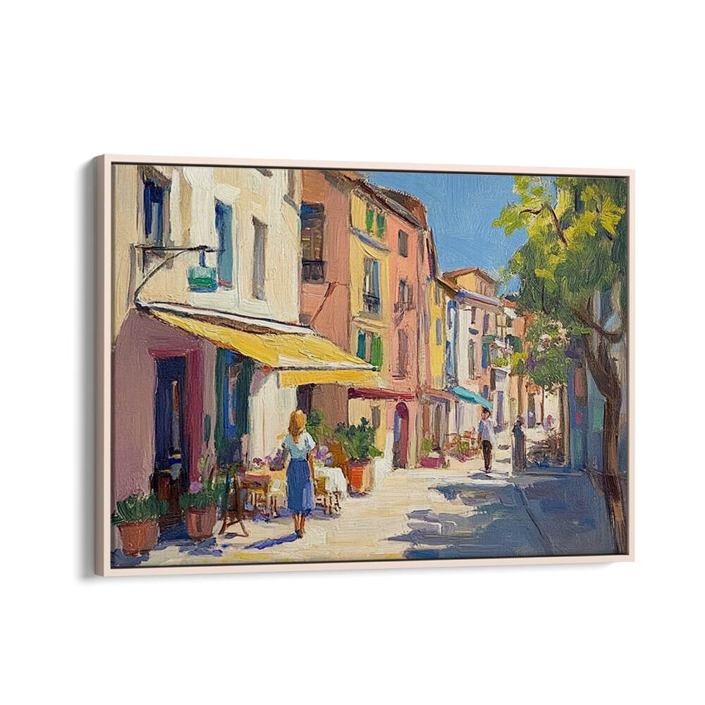 Vibrant STREET IN MALLORCA artwork showcasing urban charm and Mediterranean beauty in a sunlit setting.