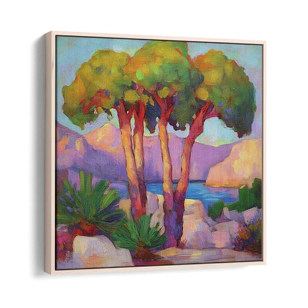 Vibrant artwork featuring THREE TREES BY THE SEA, perfect for adding tranquility to your coastal-themed space.