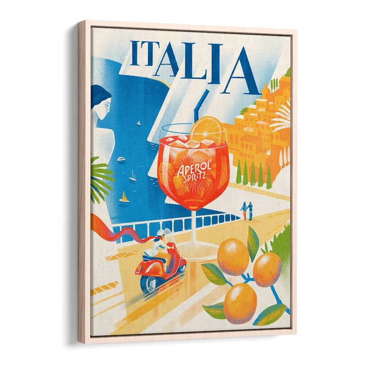 Colorful ITALIA, BAR art featuring an Aperol Spritz cocktail by the coast, perfect for modern cafes and bars.