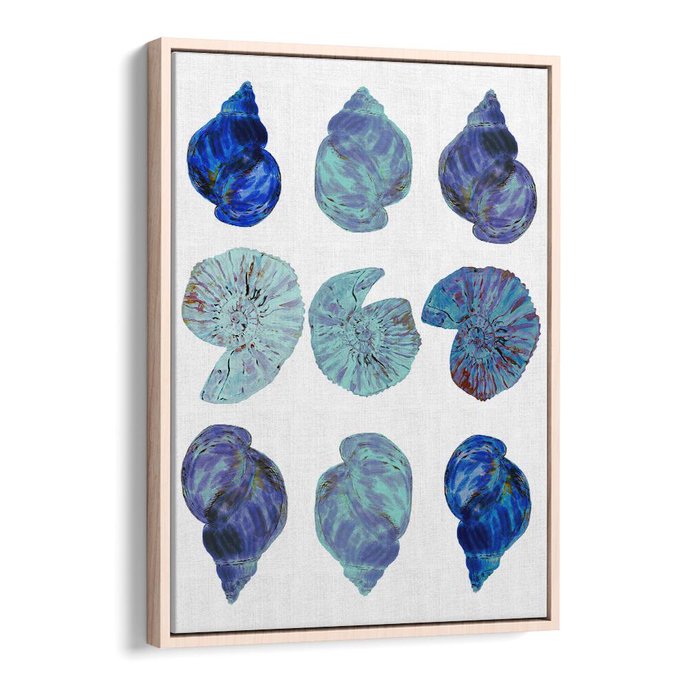 Vibrant BLUE SEA SHELLS, BEACH PAINTINGS capture coastal beauty, perfect for enhancing your home decor.