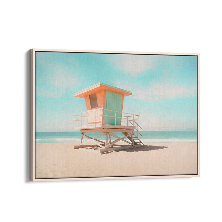 LIFEGUARD TOWER MOODS, BEACH PAINTINGS capture a vibrant lifeguard tower against a serene beach backdrop.