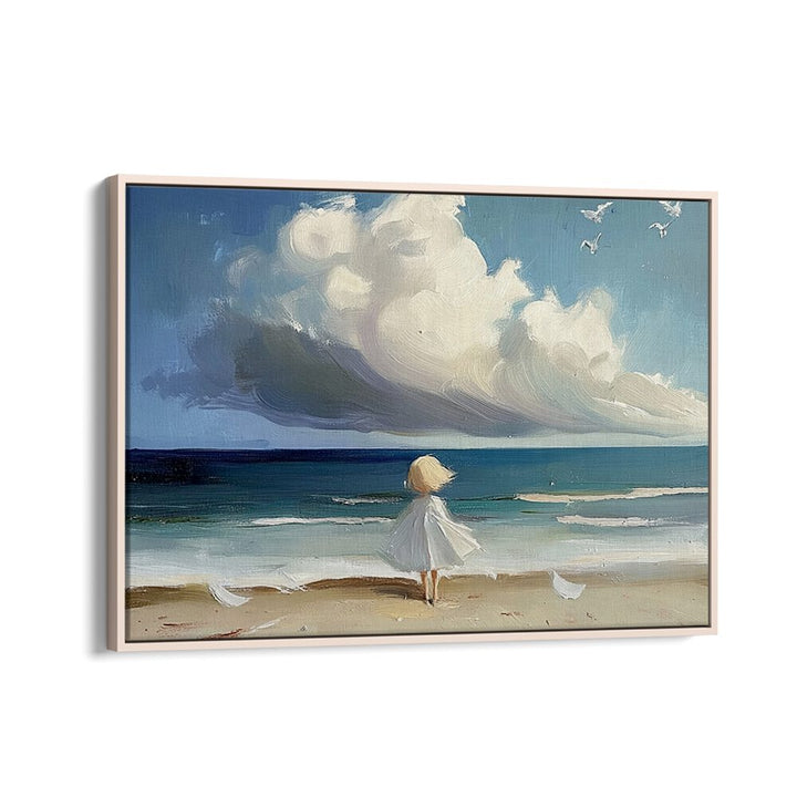 LITTLE GIRL ON THE BEACH artwork capturing childhood joy against a serene seaside backdrop for whimsical home decor.