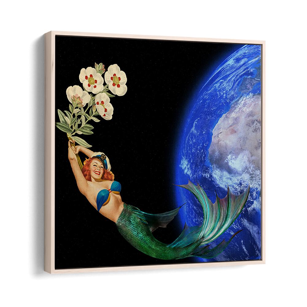 Whimsical mermaid holding flowers against Earth, capturing the essence of SWIMMING AWAY, SURREAL ART PRINTS.