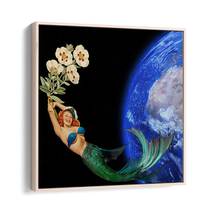 Whimsical mermaid holding flowers against Earth, capturing the essence of SWIMMING AWAY, SURREAL ART PRINTS.