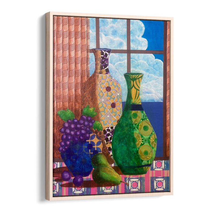 Colorful still life featuring vases and fruit, ideal for enhancing tranquility with QUIETUDE AT DAWN, KITCHEN POSTERS.