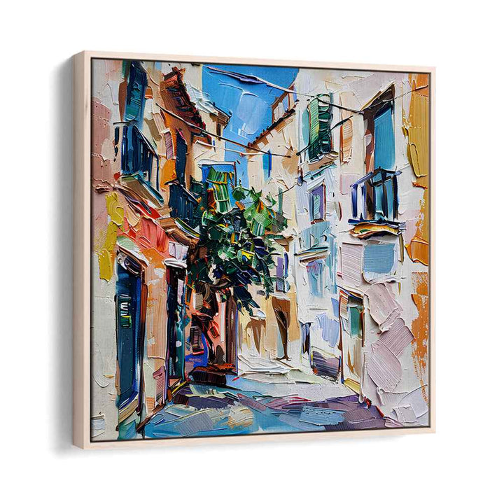 Vibrant depiction of MALLORCA STREET, showcasing colorful buildings and a charming alleyway scene. Perfect for your decor.