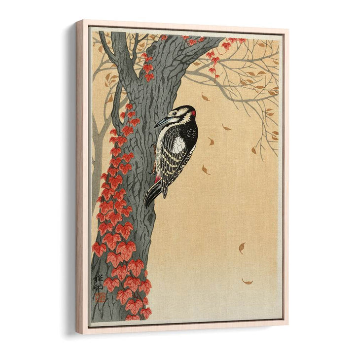 GREAT SPOTTED WOODPECKER IN TREE WITH RED IVY (1925 - 1936) , JAPANESE PAINTINGS , JAPANESE ART PRINTS