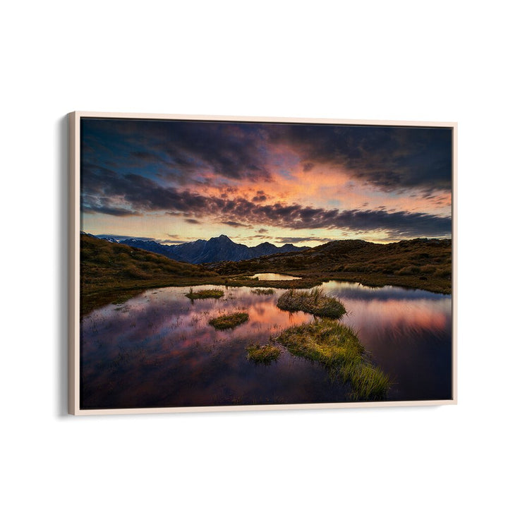 Serene landscape reflecting vibrant colors at dawn, showcasing MORNING ILLUSION, PHOTOGRAPHY PRINTS for your space.