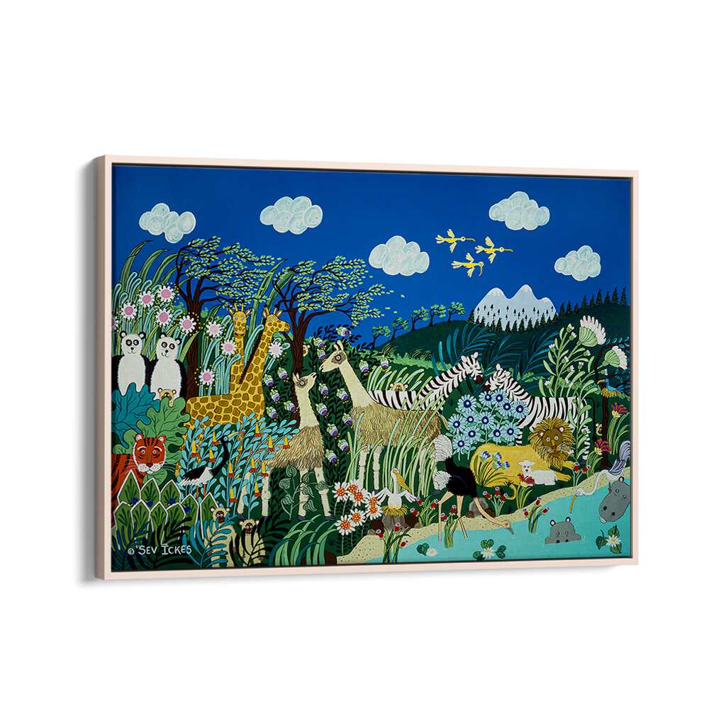 Colorful scene of animals and flowers in "A WINDY DAY, KIDS ROOM PAINTINGS" for a playful kids' room decor.