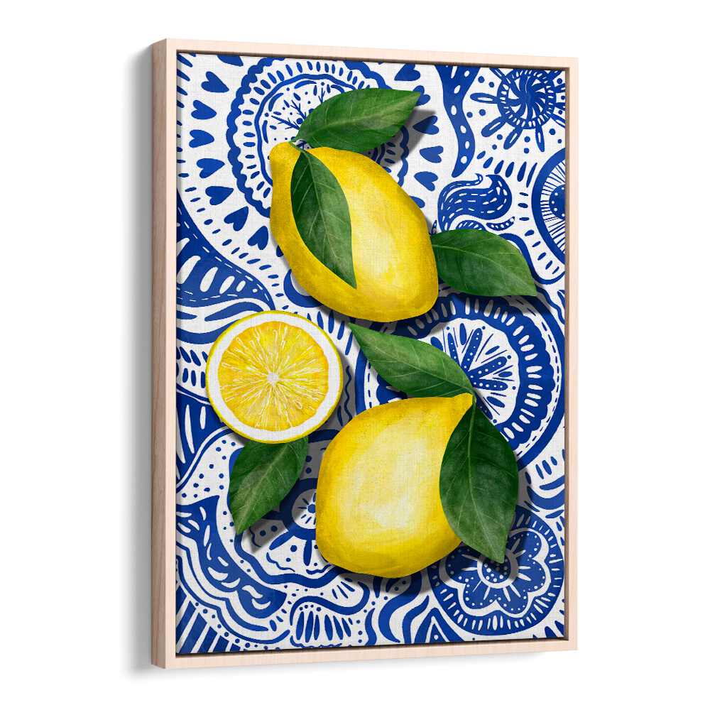 Bright yellow lemons with leaves on a blue patterned background, perfect for LIMONES, KITCHEN POSTERS decor.