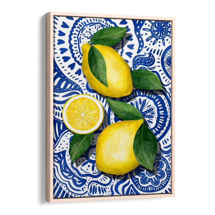 Bright yellow lemons with leaves on a blue patterned background, perfect for LIMONES, KITCHEN POSTERS decor.