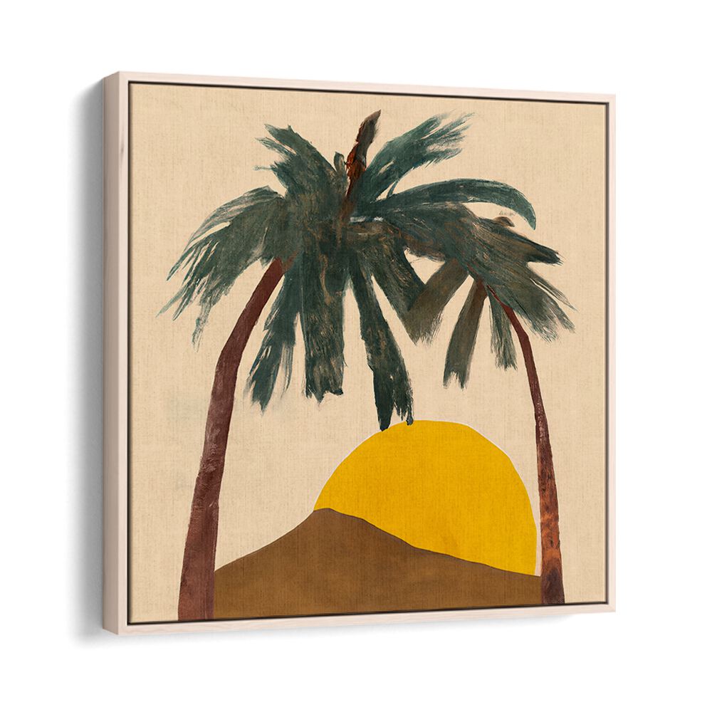 ARCHY PALMS , BEACH PAINTINGS featuring two palm trees with a yellow sun over a brown hill for coastal decor.