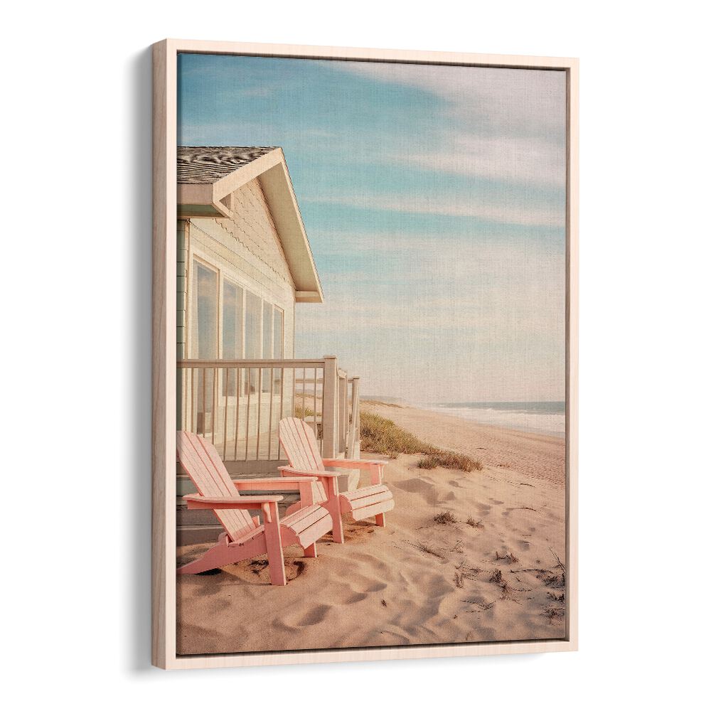 Serene coastal scene featuring pink chairs, from the ALONG THE BEACH, BEACH PAINTINGS collection by Philippe Hugonnard.