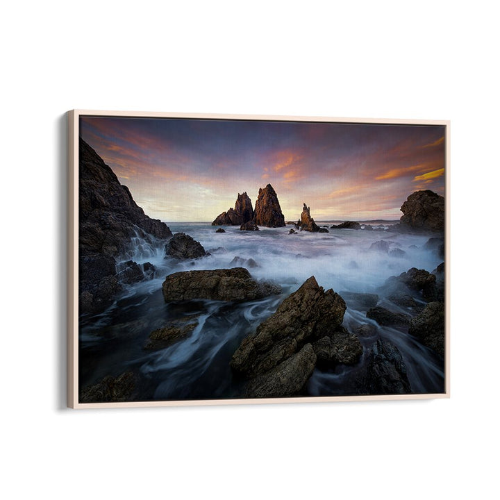 Stunning MORNING DELIGHT, PHOTOGRAPHY PRINTS showcasing serene dawn over rocky seascape, perfect for your home décor.