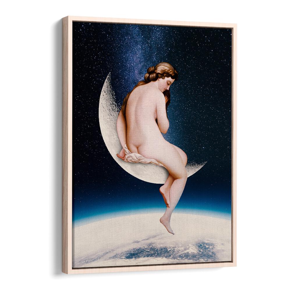 Stunning MOONWATCHER, ALTERED ART PRINTS featuring a whimsical figure seated on a crescent moon against a starry backdrop.