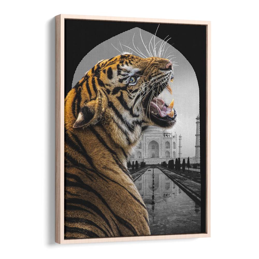 Captivating BENGALI STARE, ANIMAL PAINTINGS featuring a fierce tiger against a stunning architectural backdrop.