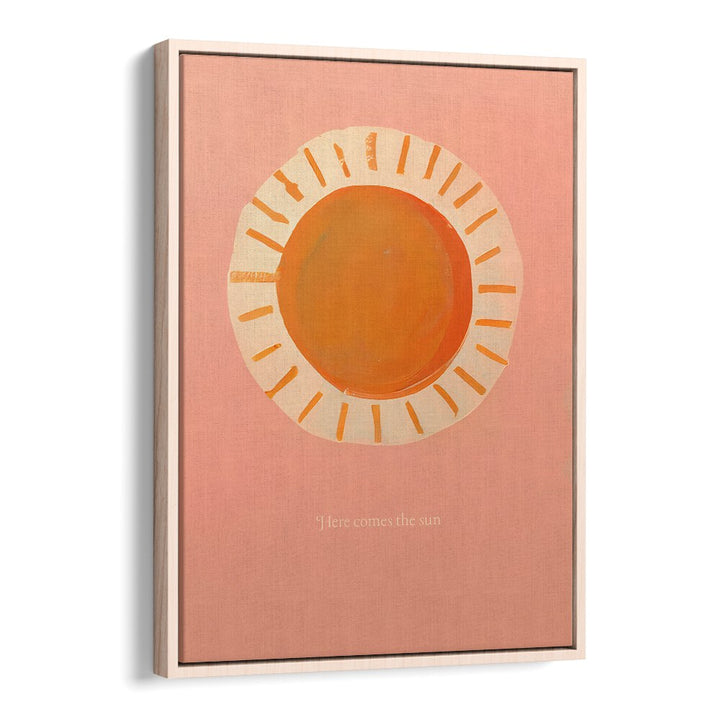 HERE COMES THE SUN , KIDS ROOM PAINTINGS featuring a bright orange sun on soft peach background by Oakwood Floater
