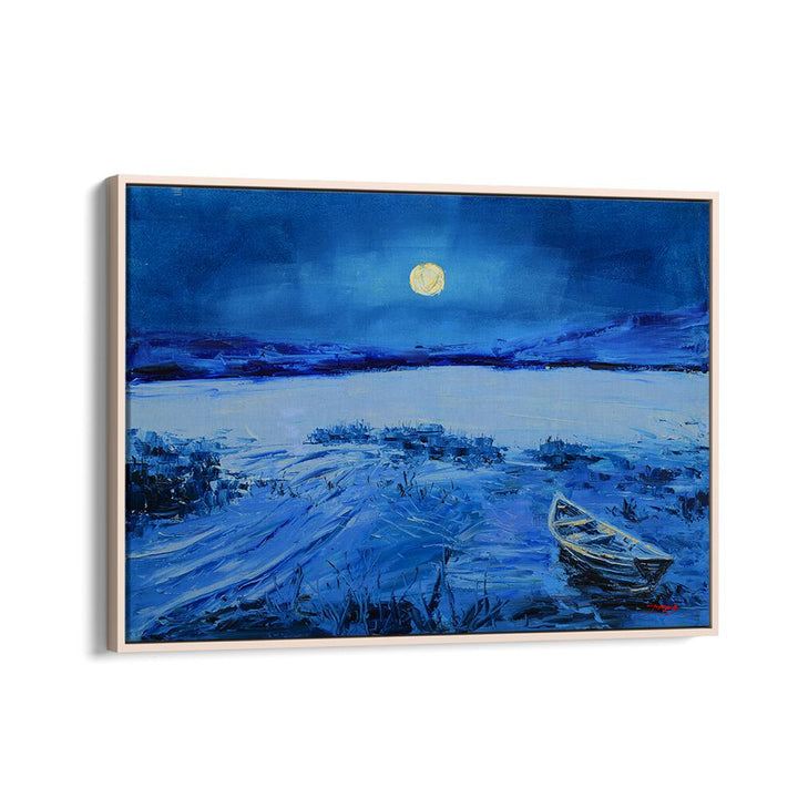 Captivating FULL MOON, LANDSCAPE PAINTINGS featuring a serene night scene with a boat on a tranquil blue lake.