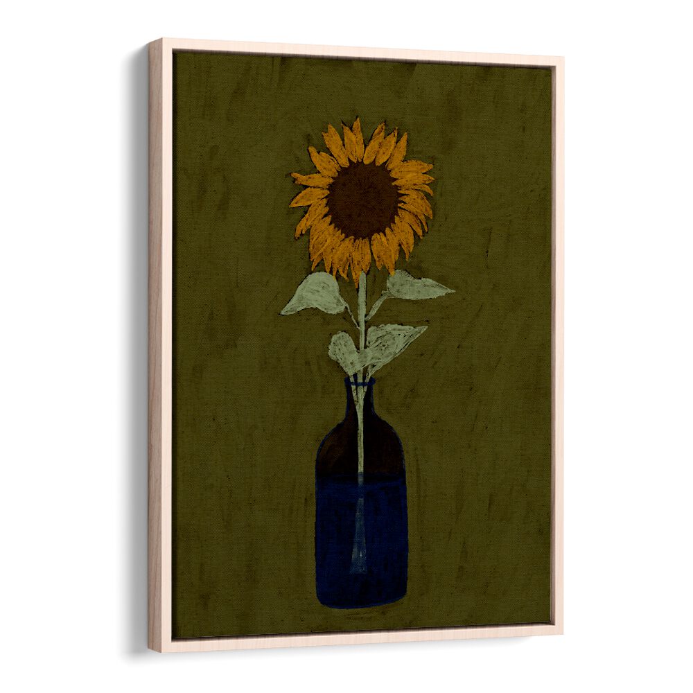 Bright sunflower in a blue vase, perfect for enhancing your space with RADIANT VIEW, KITCHEN POSTERS from Oakwood.