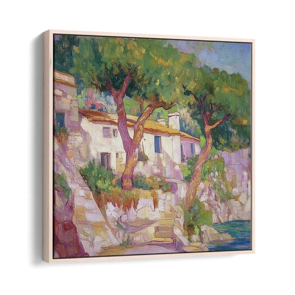 Coastal artwork depicting the HOUSE BY THE SEA, capturing serene oceanfront living and timeless architecture.