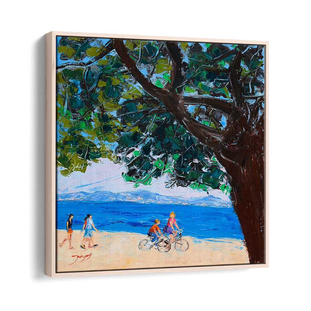 Bright beach scene with cyclists and walkers under a tree, perfect for ON VACATION, BEACH PAINTINGS collection.