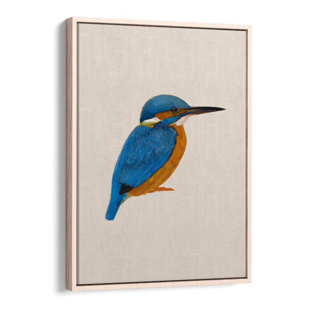 RAINFOREST REBEL , ANIMAL PAINTINGS featuring a vibrant blue and orange kingfisher on natural canvas by Oakwood Floater