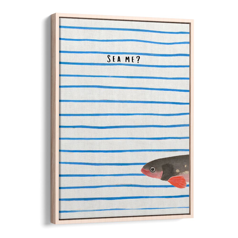 SEA ME, BEACH PAINTINGS featuring blue stripes and a fish with a natural wood frame by Oakwood Floater.