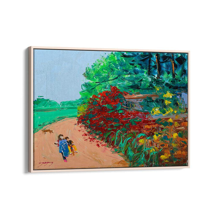 Colorful WILD ROSE WALL PATH, LANDSCAPE PAINTINGS showcasing children walking a vibrant flower-lined path.